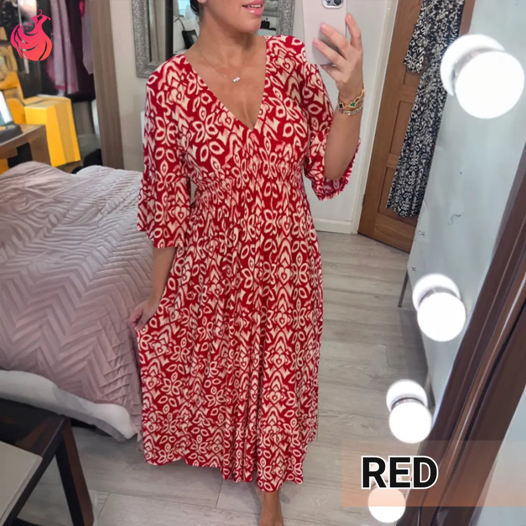 Bohemian Casual Print V-Neck Shirred Waist Long Dress – Last Day Sale 70% OFF