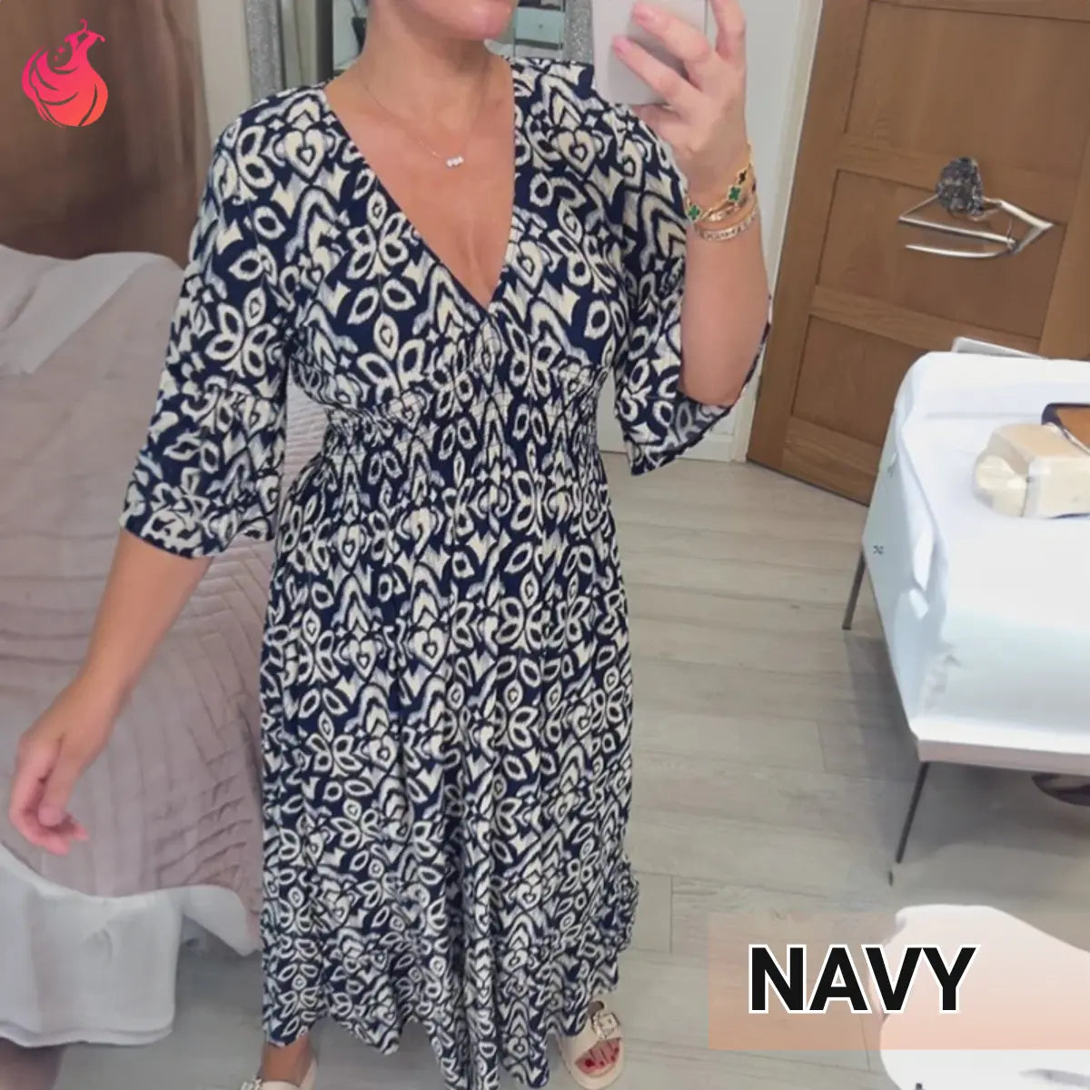 Bohemian Casual Print V-Neck Shirred Waist Long Dress – Last Day Sale 70% OFF