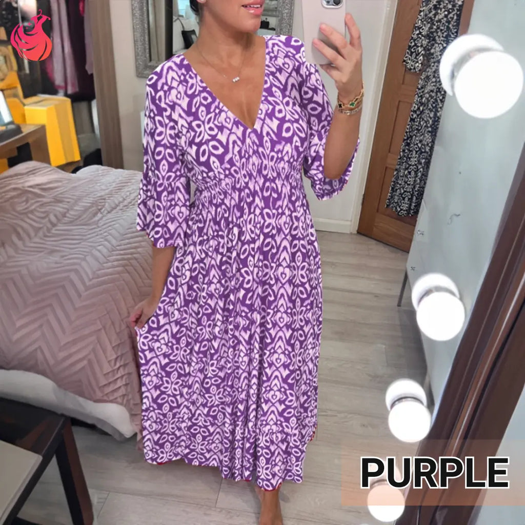 Bohemian Casual Print V-Neck Shirred Waist Long Dress – Last Day Sale 70% OFF