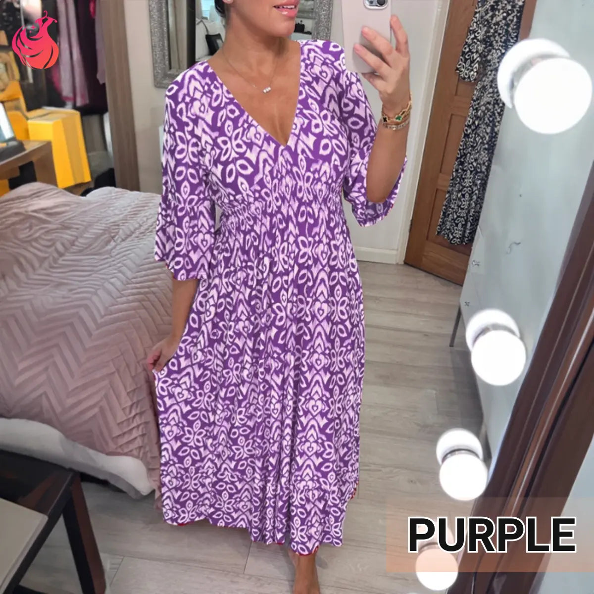 Bohemian Casual Print V-Neck Shirred Waist Long Dress – Last Day Sale 70% OFF