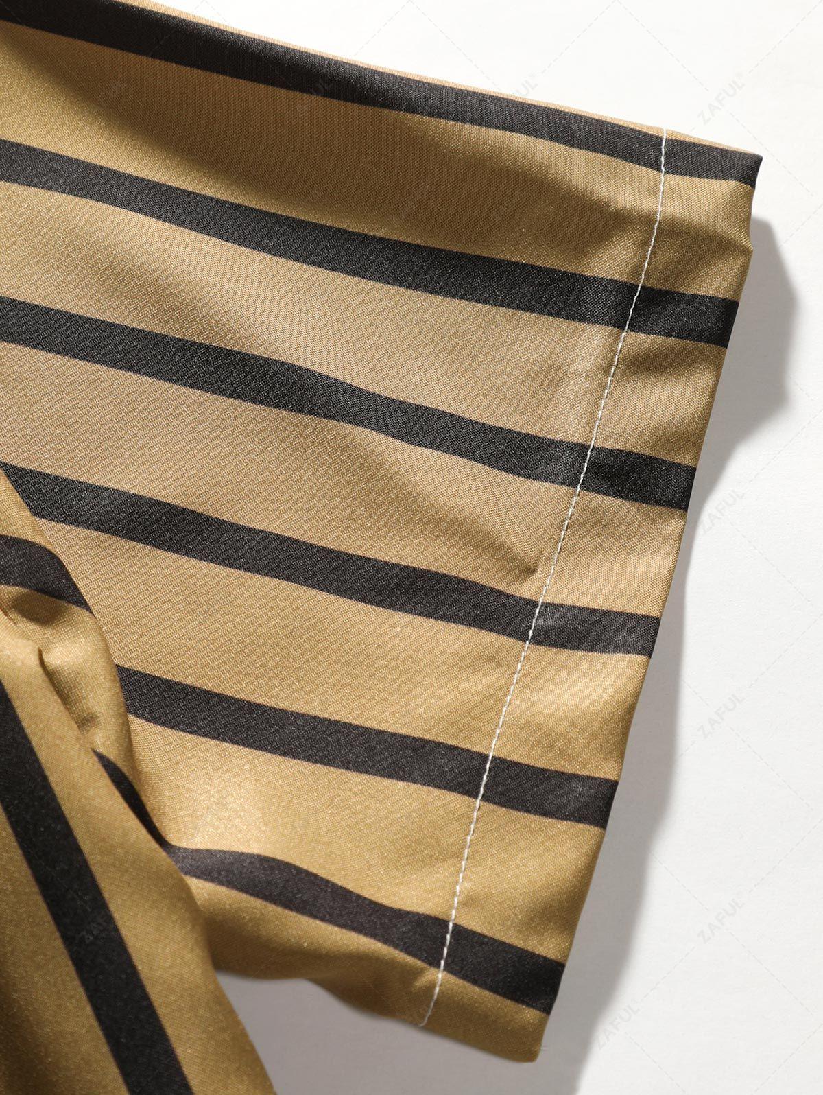 Men\'s Button Up Vertical Striped Short Sleeve Casual Summer Beach Shirt BLACK DEEP YELLOW LIGHT YELLOW MULTI-A - PURECLO