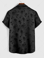 Men\'s Jacquard Silky Satin Floral Print Rose Pattern Button Front Short Sleeve Shirt And Shorts Set BLACK DEEP RED DEEP BLUE DEEP GREEN - PURECLO