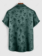 Men\'s Jacquard Silky Satin Floral Print Rose Pattern Button Front Short Sleeve Shirt And Shorts Set BLACK DEEP RED DEEP BLUE DEEP GREEN - PURECLO