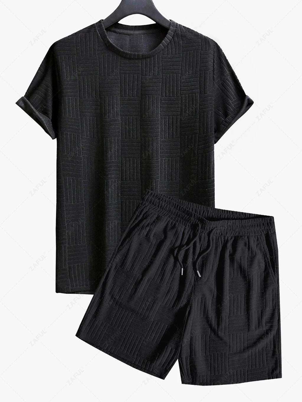 Jacquard Terry Cloth Textured Short Sleeves T Shirt With Shorts Two Piece Set BLACK LIGHT BLUE LIGHT COFFEE WHITE - PURECLO