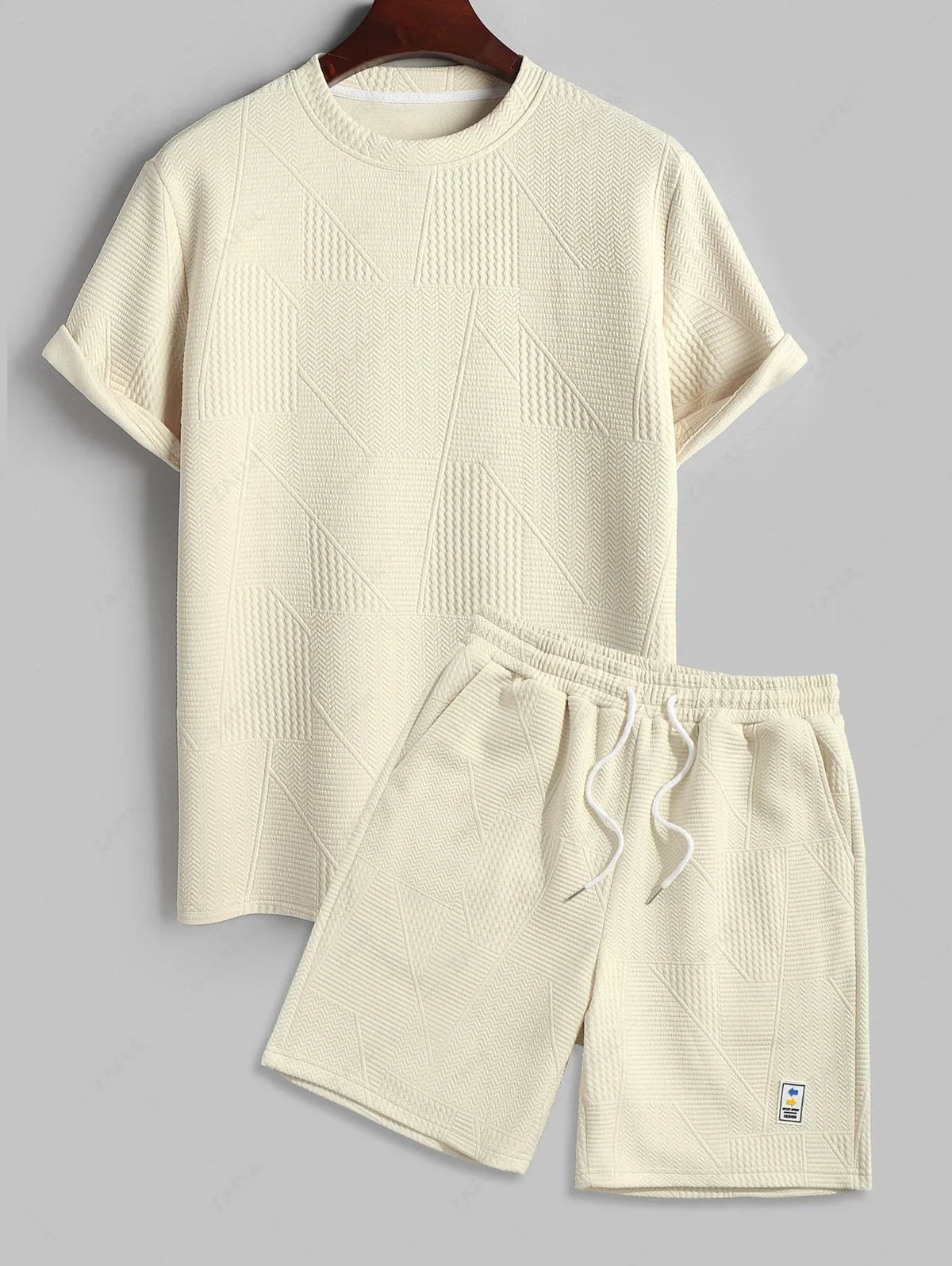Geometric Textured Short Sleeves Basic T-shirt and Basic Drawstring Shorts Set LIGHT YELLOW COFFEE BLACK WHITE - PURECLO