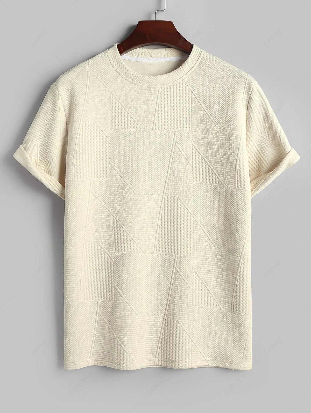Geometric Textured Short Sleeves Basic T-shirt and Basic Drawstring Shorts Set LIGHT YELLOW COFFEE BLACK WHITE - PURECLO