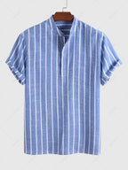 Men\'s Half Buttoned Casual Vertical Striped Office Pullover Shirt and Basic Casual Shorts Set BLUE WHITE - PURECLO