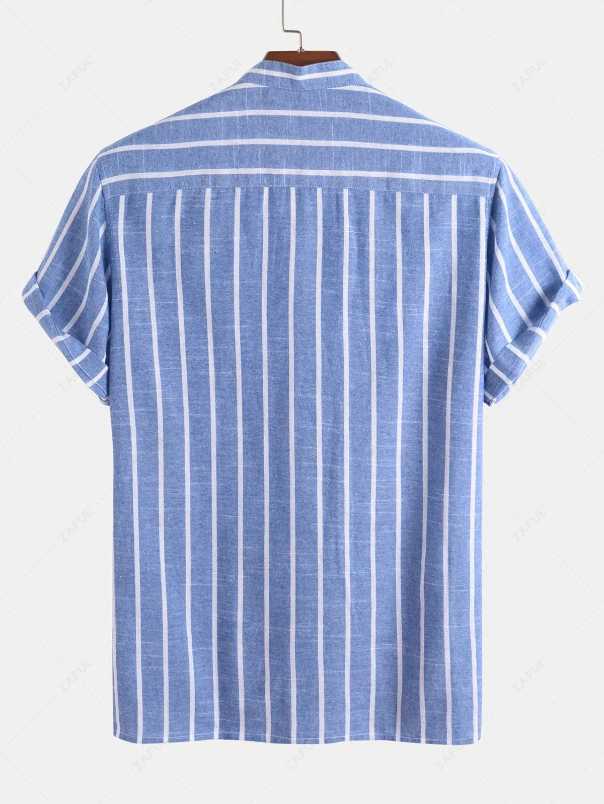 Men\'s Half Buttoned Casual Vertical Striped Office Pullover Shirt and Basic Casual Shorts Set BLUE WHITE - PURECLO