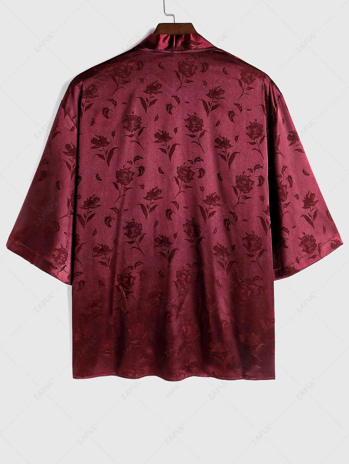Men\'s Two Piece Outfits Silky Satin Rose Printed Open Front Kimono Shirt and Casual Shorts Set DEEP RED BLACK - PURECLO