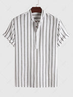 Men\'s Half Buttoned Casual Vertical Striped Office Pullover Shirt and Basic Casual Shorts Set BLUE WHITE - PURECLO