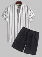 Men\'s Half Buttoned Casual Vertical Striped Office Pullover Shirt and Basic Casual Shorts Set BLUE WHITE - PURECLO
