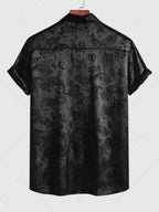 Men\'s Button Up Short Sleeves Paisley Jacquard Silky Satin Shirt and Drawstring Pockets Casual Shorts Set DEEP GREEN BLACK - PURECLO