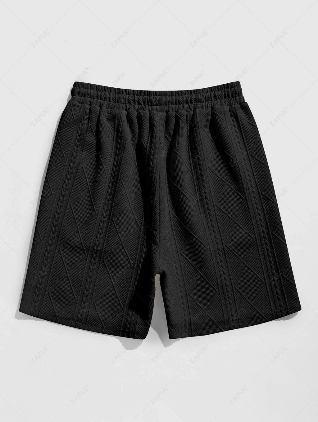 ZAFUL Men\'s Matching Two Piece Co Ord Crew Neck Short Sleeves Cable Geometric Jacquard Textured T-shirt and Drawstring Casual Shorts Set BLACK WHITE - PURECLO
