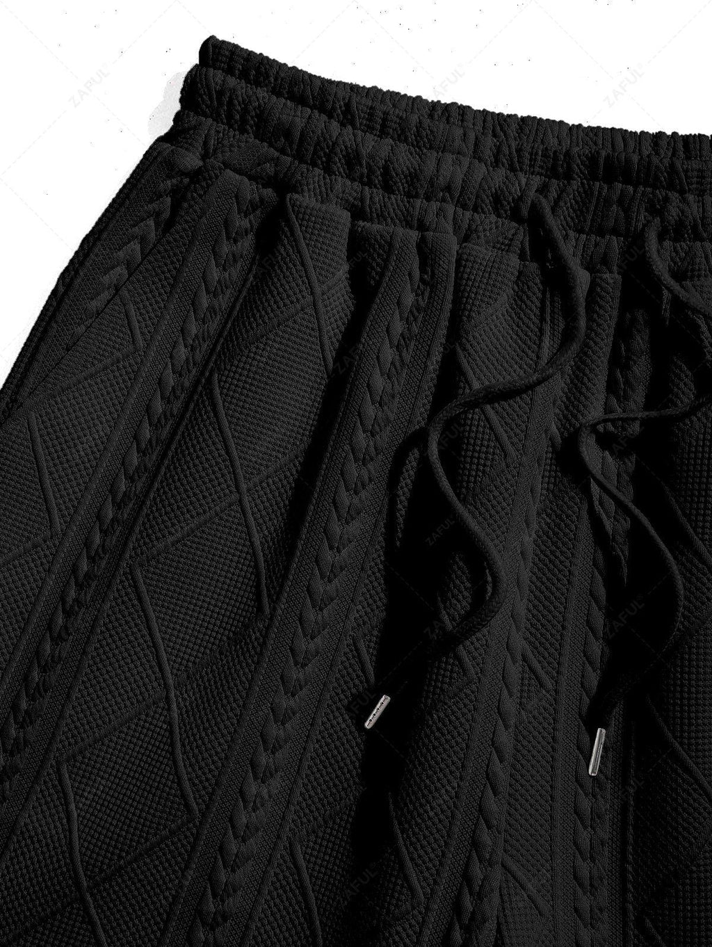 ZAFUL Men\'s Matching Two Piece Co Ord Crew Neck Short Sleeves Cable Geometric Jacquard Textured T-shirt and Drawstring Casual Shorts Set BLACK WHITE - PURECLO
