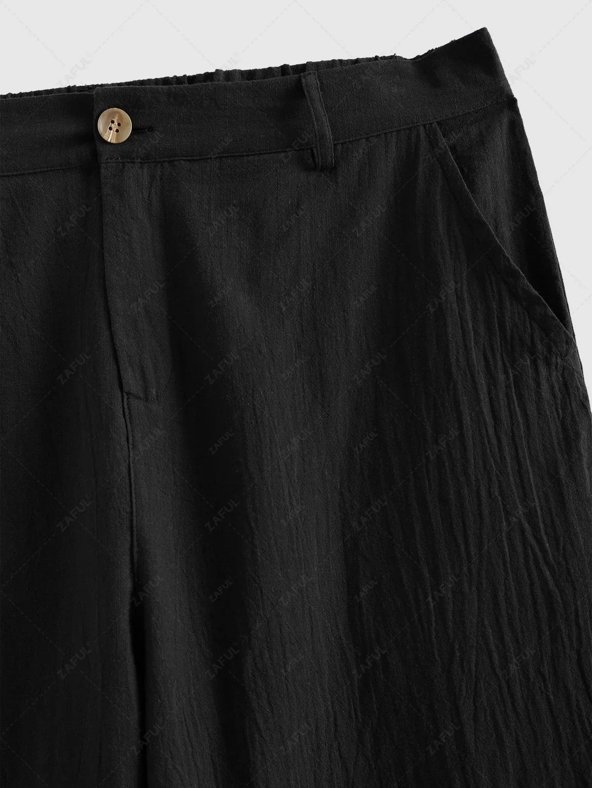 Men\'s Solid Color Ribbed Camp Collar Button Up Short Sleeves Shirt and Cotton and Linen Straight Leg Pants Set BLACK MULTI WHITE - PURECLO