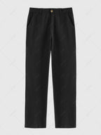 Men\'s Solid Color Ribbed Camp Collar Button Up Short Sleeves Shirt and Cotton and Linen Straight Leg Pants Set BLACK MULTI WHITE - PURECLO