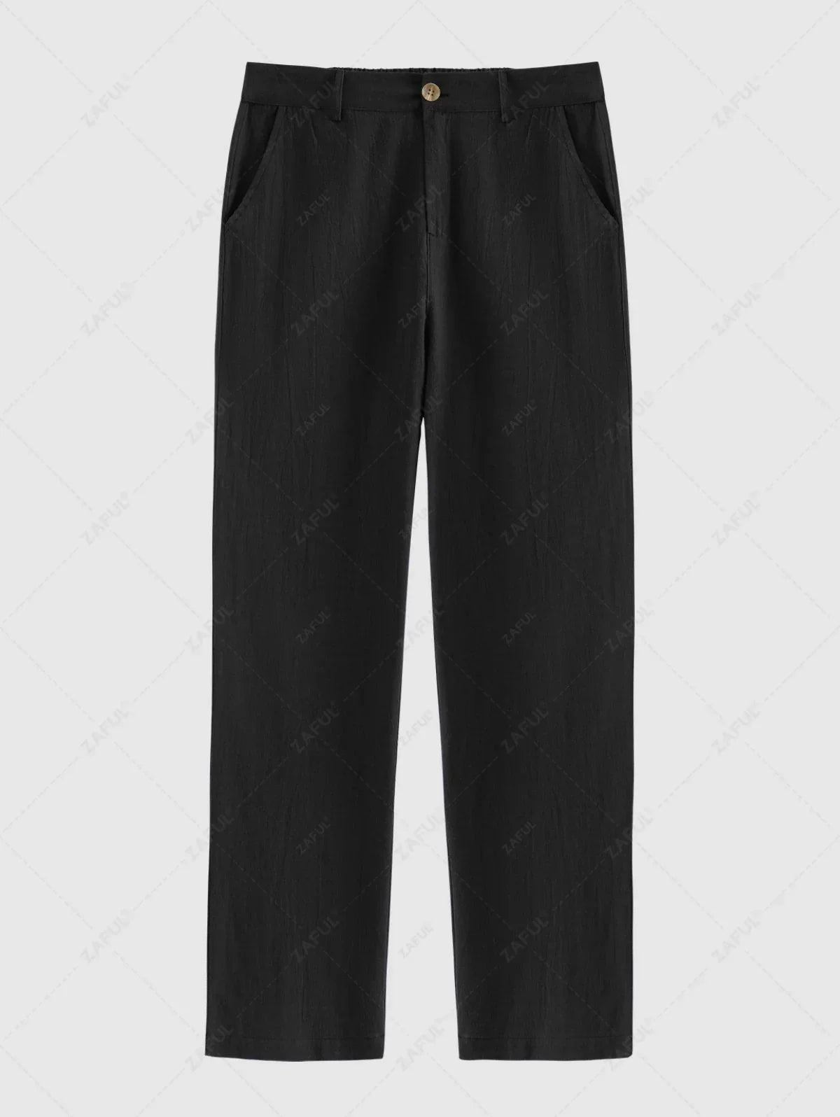 Men\'s Solid Color Ribbed Camp Collar Button Up Short Sleeves Shirt and Cotton and Linen Straight Leg Pants Set BLACK MULTI WHITE - PURECLO