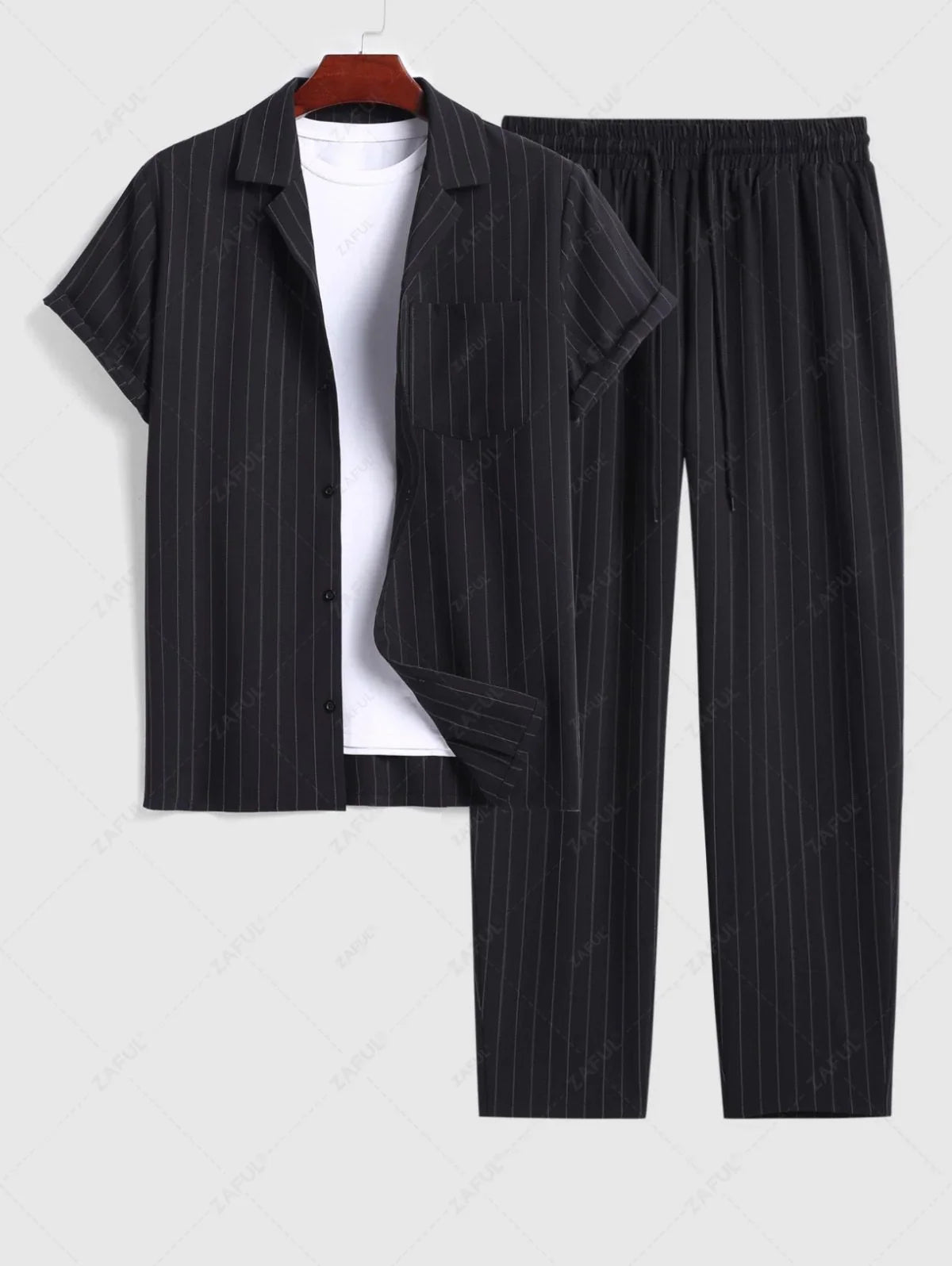 Men\'s Casual Pinstripe Pocket Design Camp Collar Button Up Short Sleeves Shirt And Drawstring Straight Leg Pants Set BLACK - PURECLO