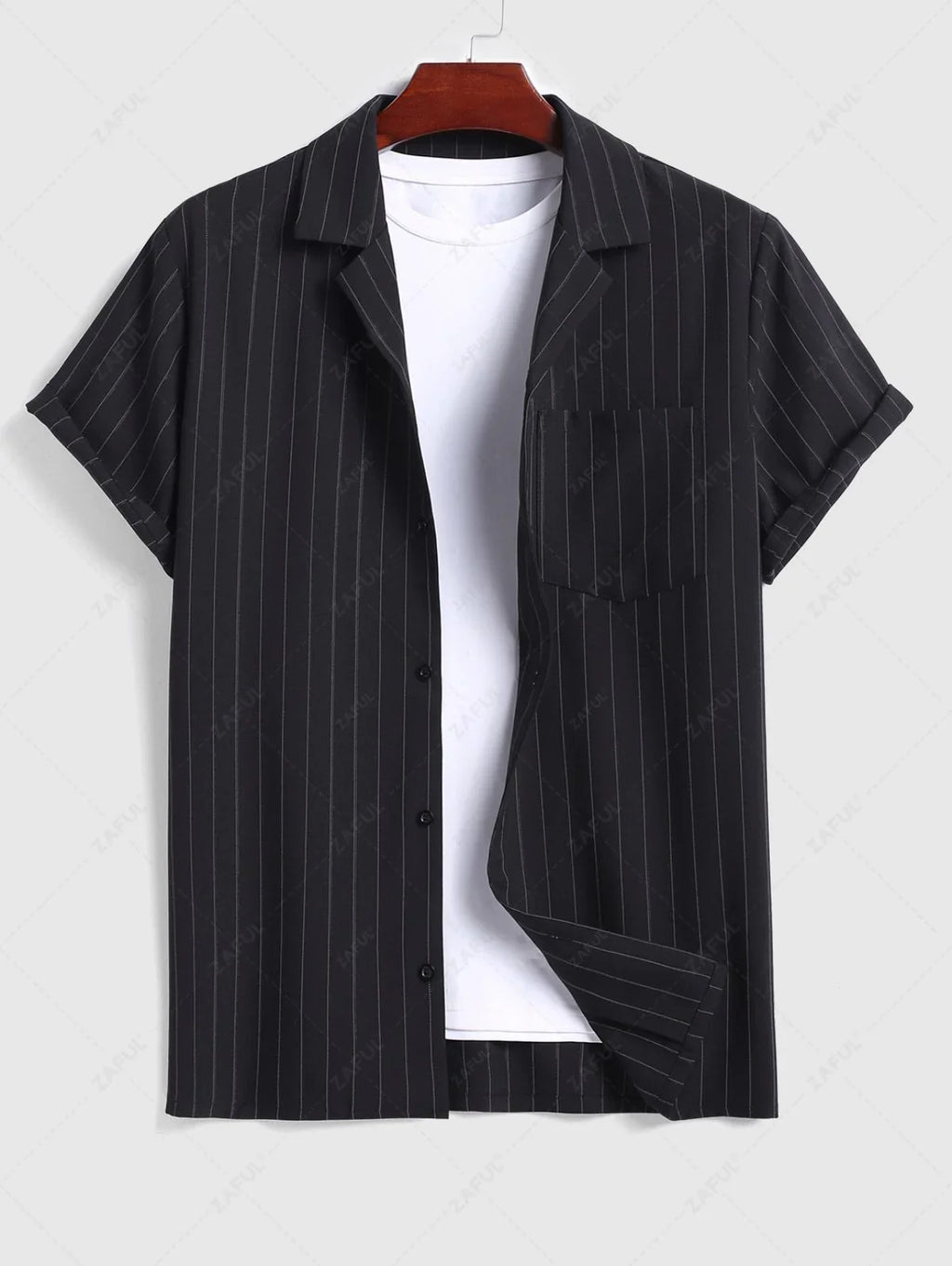 Men\'s Casual Pinstripe Pocket Design Camp Collar Button Up Short Sleeves Shirt And Drawstring Straight Leg Pants Set BLACK - PURECLO