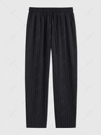 Men\'s Casual Pinstripe Pocket Design Camp Collar Button Up Short Sleeves Shirt And Drawstring Straight Leg Pants Set BLACK - PURECLO