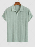 Men\'s Solid Color Textured Openwork Polo Collar Half Buttoned Short Sleeves Shirt LIGHT GREEN DEEP COFFEE - PURECLO