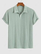 Men\'s Solid Color Textured Openwork Polo Collar Half Buttoned Short Sleeves Shirt LIGHT GREEN DEEP COFFEE - PURECLO