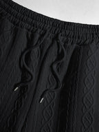 Men\'s Solid Color Cable Knit Jacquard Textured Button Up Short Sleeves Shirt And Drawstring Shorts Set WHITE BLACK COFFEE - PURECLO