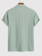 Men\'s Casual Textured Openwork Polo Collar Half Buttoned Short Sleeves Shirt And Cotton and Linen Straight Leg Pants Set LIGHT GREEN COFFEE - PURECLO