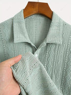 Men\'s Casual Textured Openwork Polo Collar Half Buttoned Short Sleeves Shirt And Cotton and Linen Straight Leg Pants Set LIGHT GREEN COFFEE - PURECLO