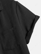 Men\'s Cotton And Linen Textured Pocket Design Camp Collar Button Up Short Sleeves Shirt And Drawstring Straight Leg Pants Set BLACK LIGHT BLUE COFFEE - PURECLO