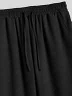 Men\'s Cotton And Linen Textured Pocket Design Camp Collar Button Up Short Sleeves Shirt And Drawstring Straight Leg Pants Set BLACK LIGHT BLUE COFFEE - PURECLO