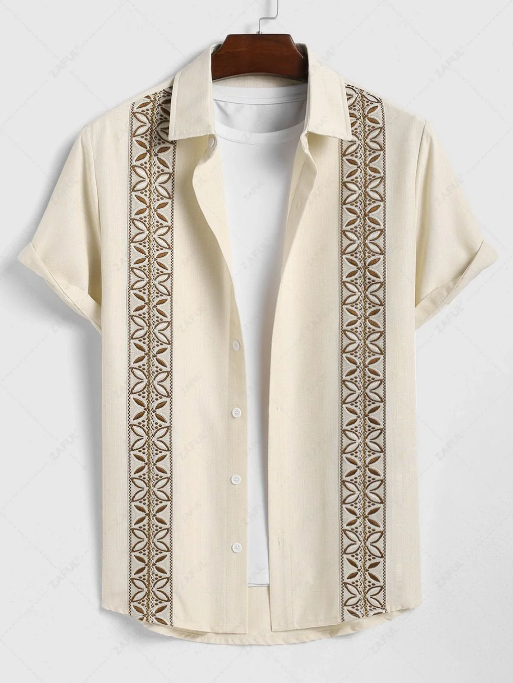 Men\'s Vintage Geometric Floral Leaves Shaped Embroidered Woven Tape Patched Button Up Short Sleeves Shirt APRICOT - PURECLO