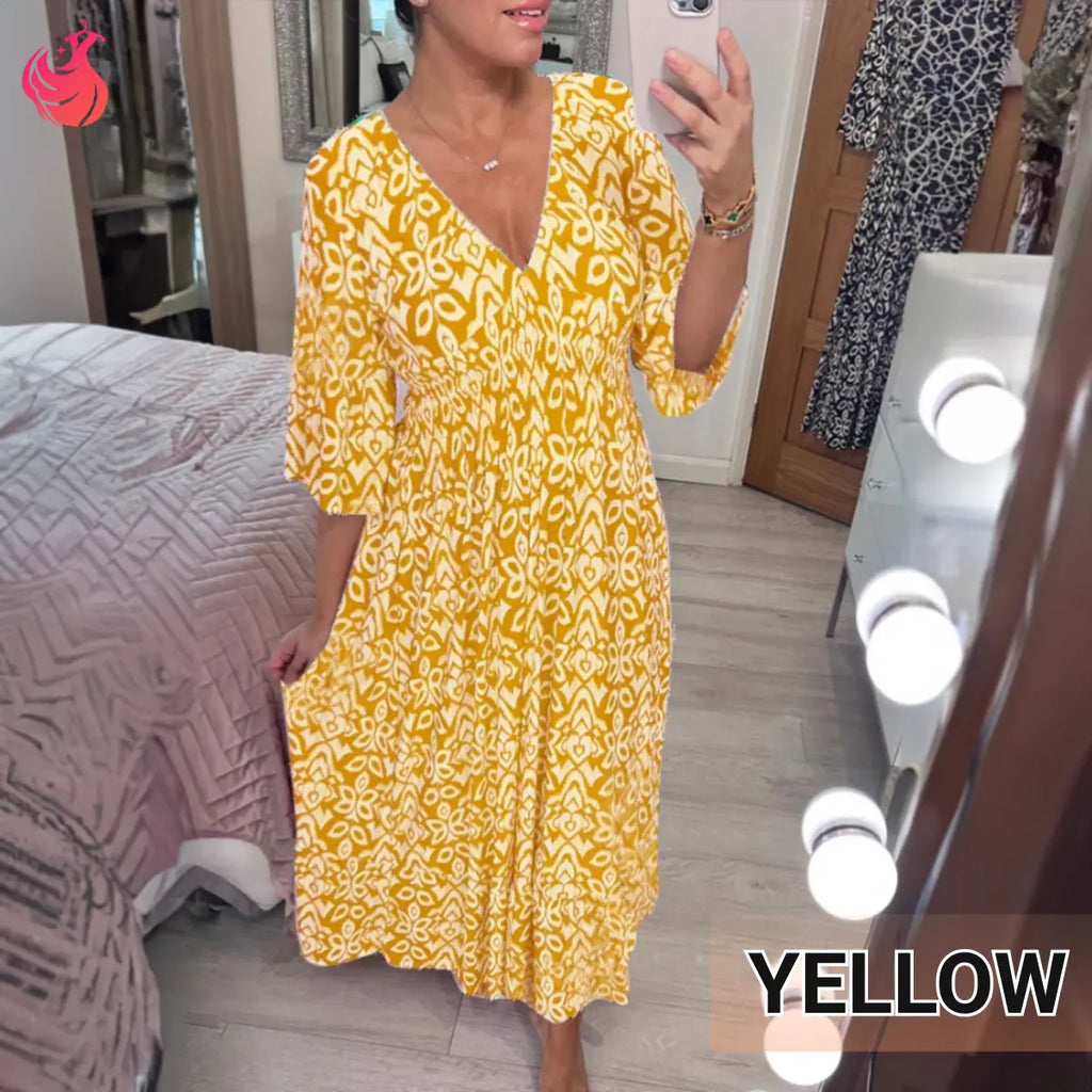 Bohemian Casual Print V-Neck Shirred Waist Long Dress – Last Day Sale 70% OFF