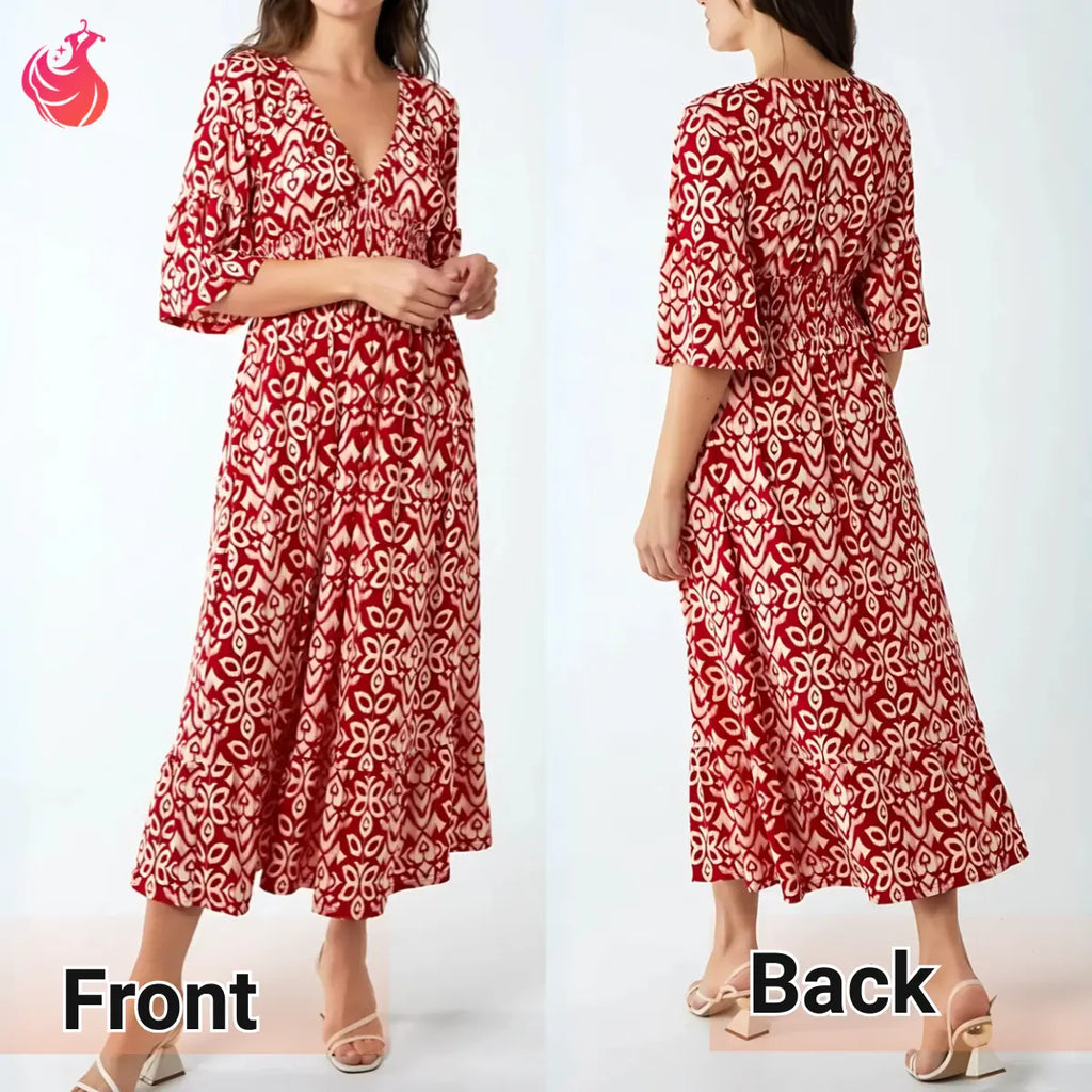 Bohemian Casual Print V-Neck Shirred Waist Long Dress – Last Day Sale 70% OFF