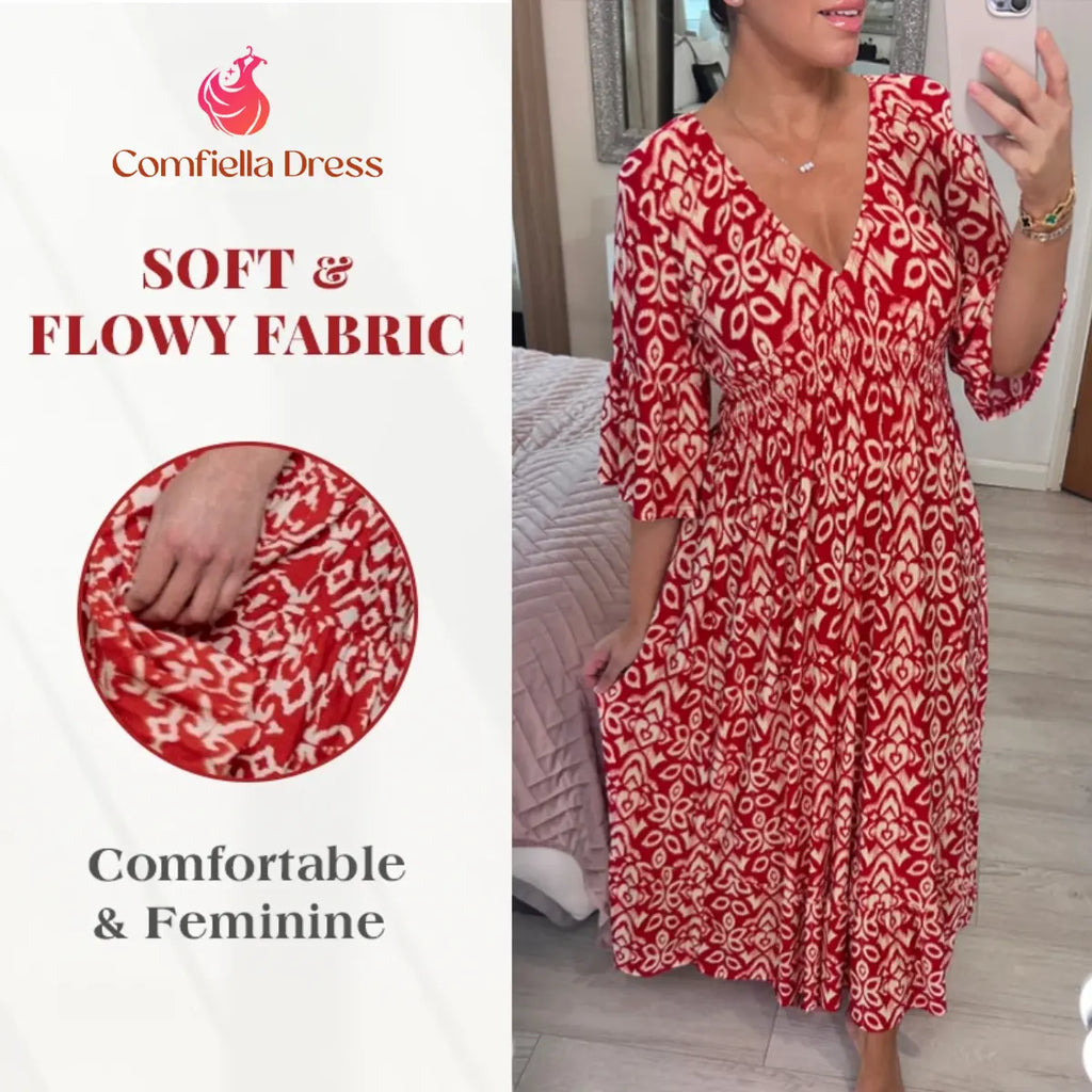 Bohemian Casual Print V-Neck Shirred Waist Long Dress – Last Day Sale 70% OFF