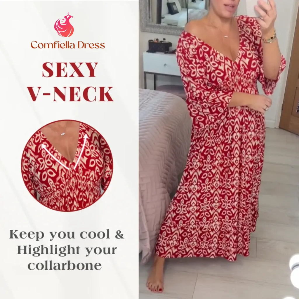 Bohemian Casual Print V-Neck Shirred Waist Long Dress – Last Day Sale 70% OFF