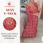 Bohemian Casual Print V-Neck Shirred Waist Long Dress – Last Day Sale 70% OFF