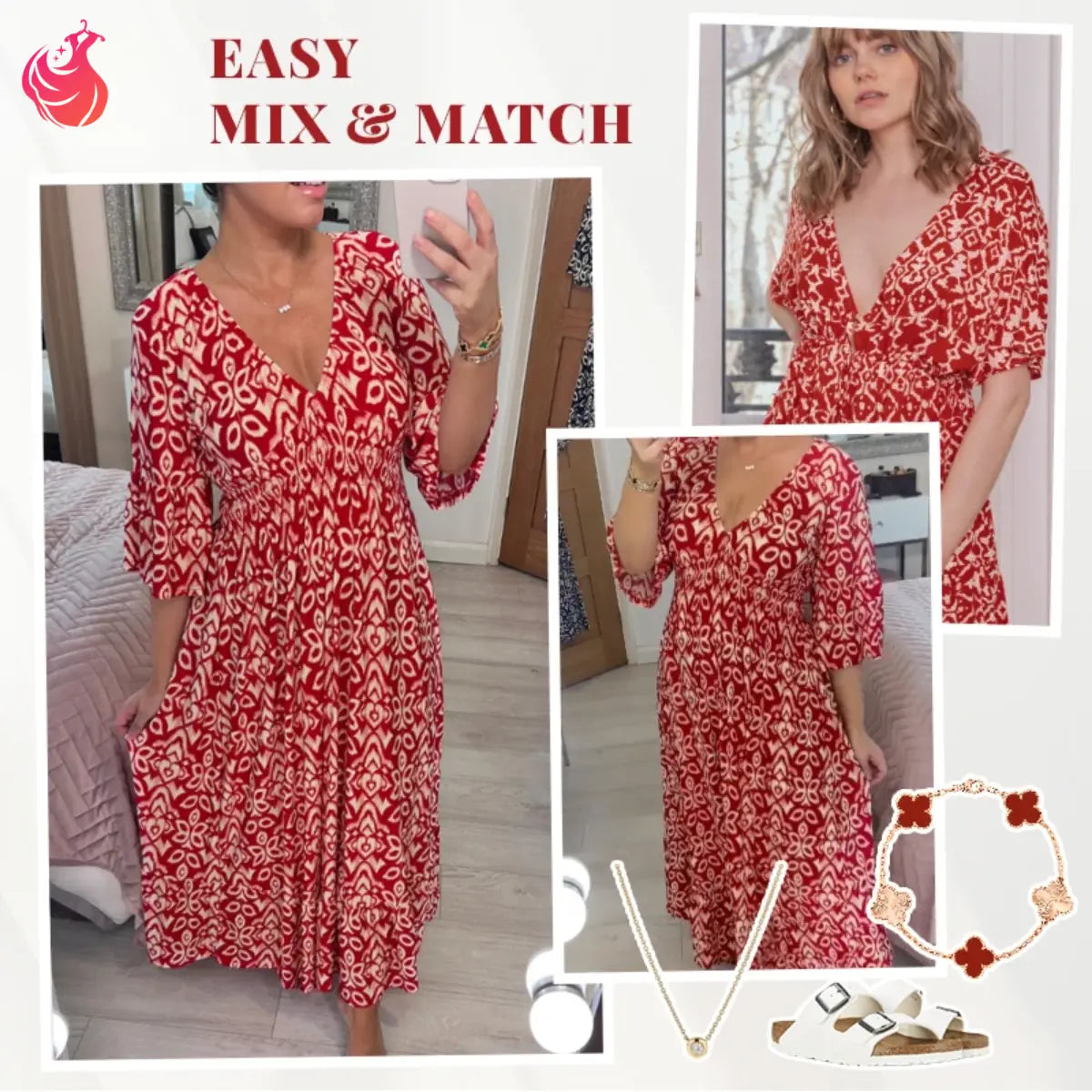 Bohemian Casual Print V-Neck Shirred Waist Long Dress – Last Day Sale 70% OFF