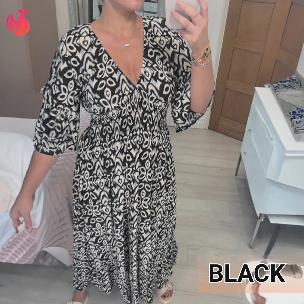 Bohemian Casual Print V-Neck Shirred Waist Long Dress – Last Day Sale 70% OFF