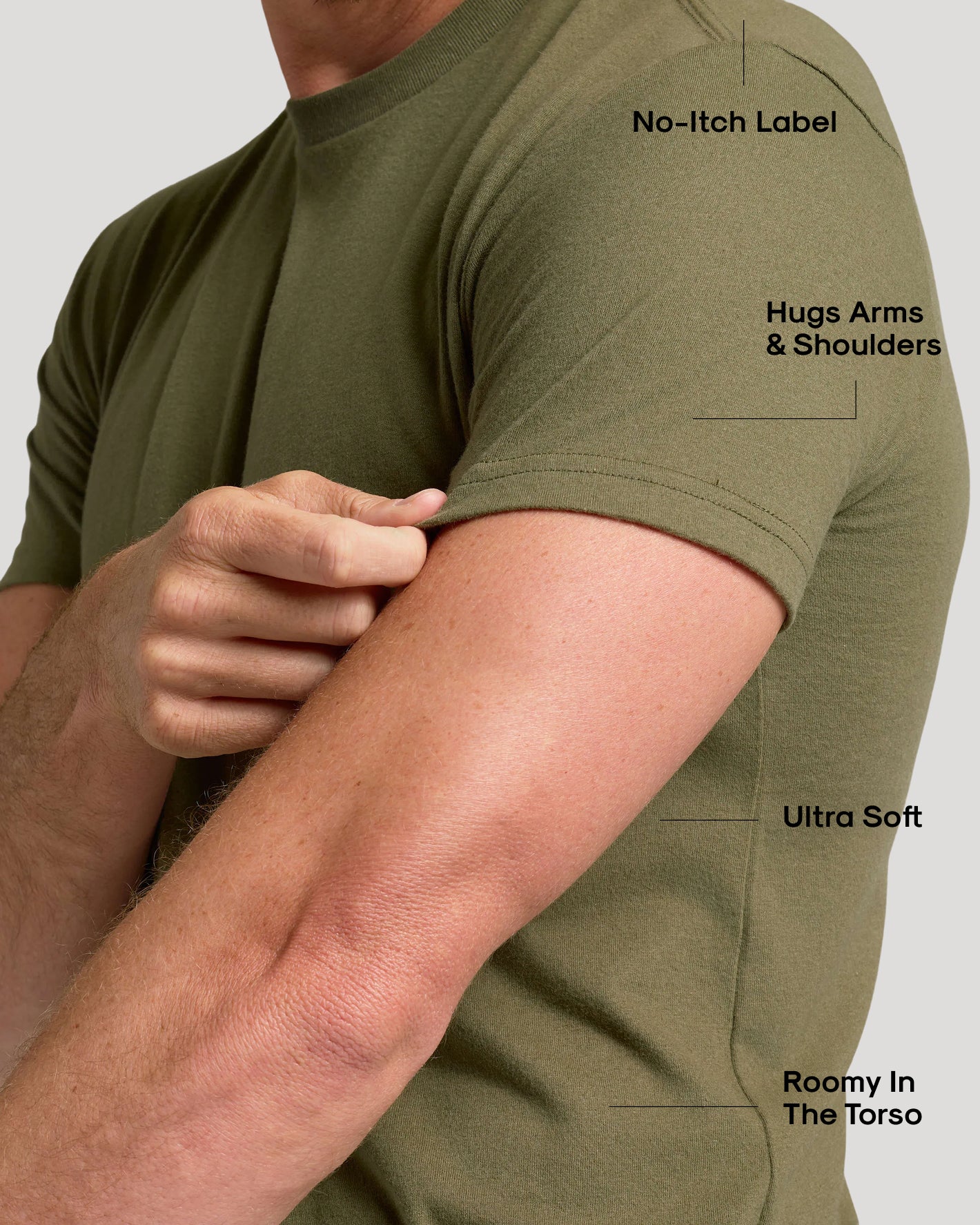 Man wearing Classic Crew 3-Pack T-shirt, highlighting no-itch label and soft fabric.