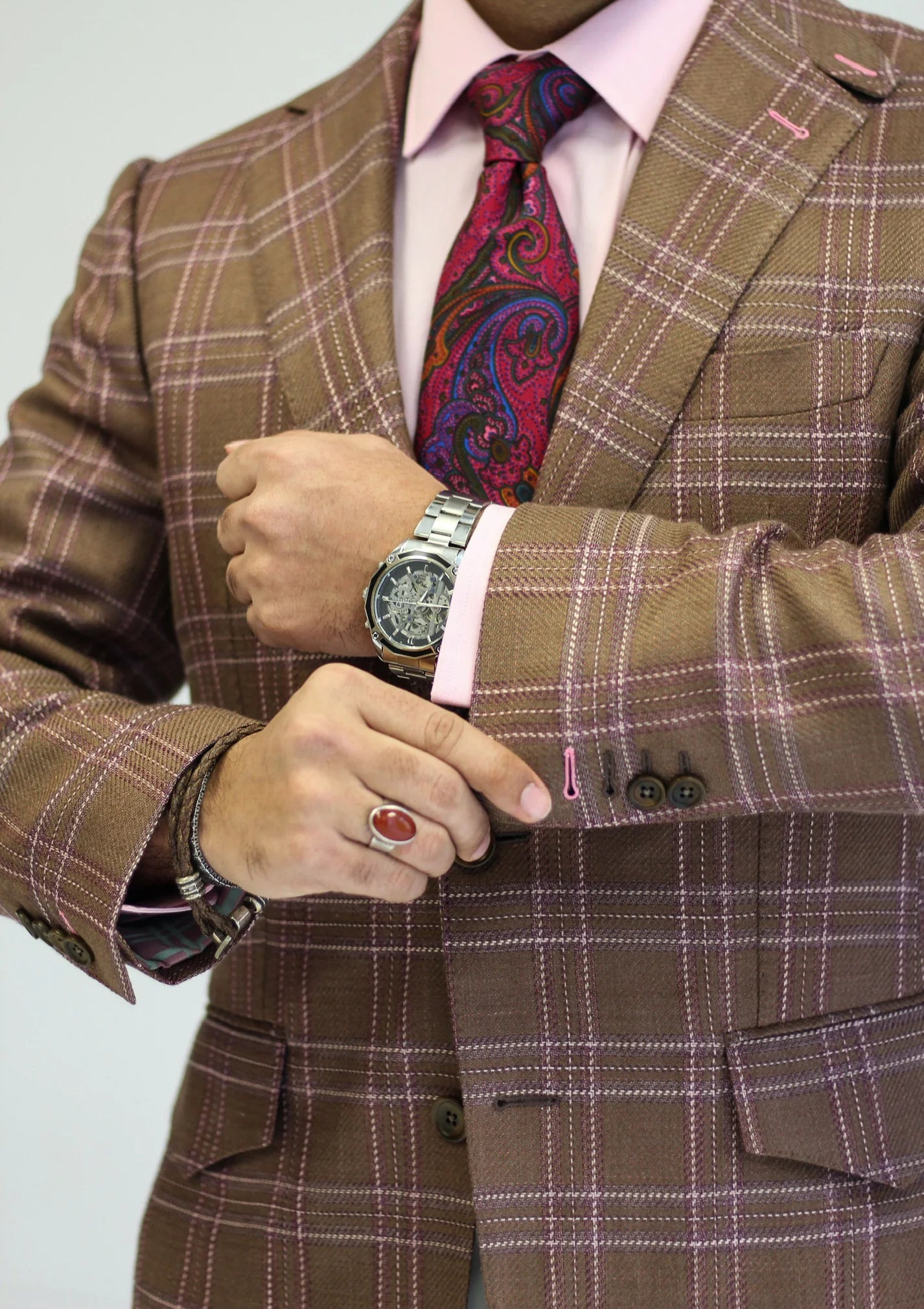 PURE | Cavani Windowpane Suit – Brown / Pink