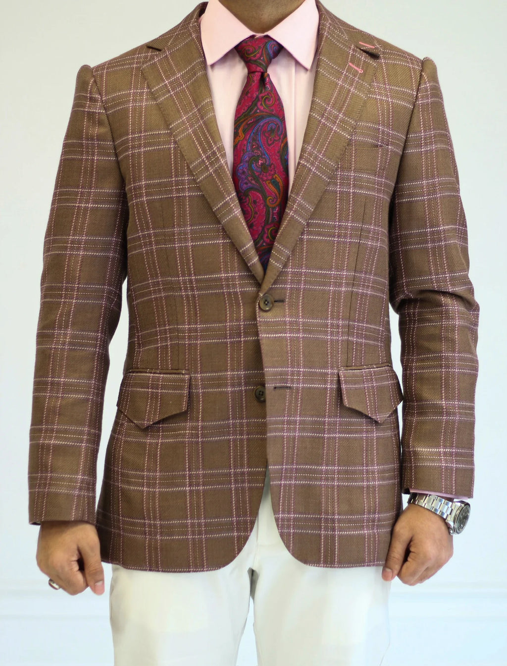 PURE | Cavani Windowpane Suit – Brown / Pink