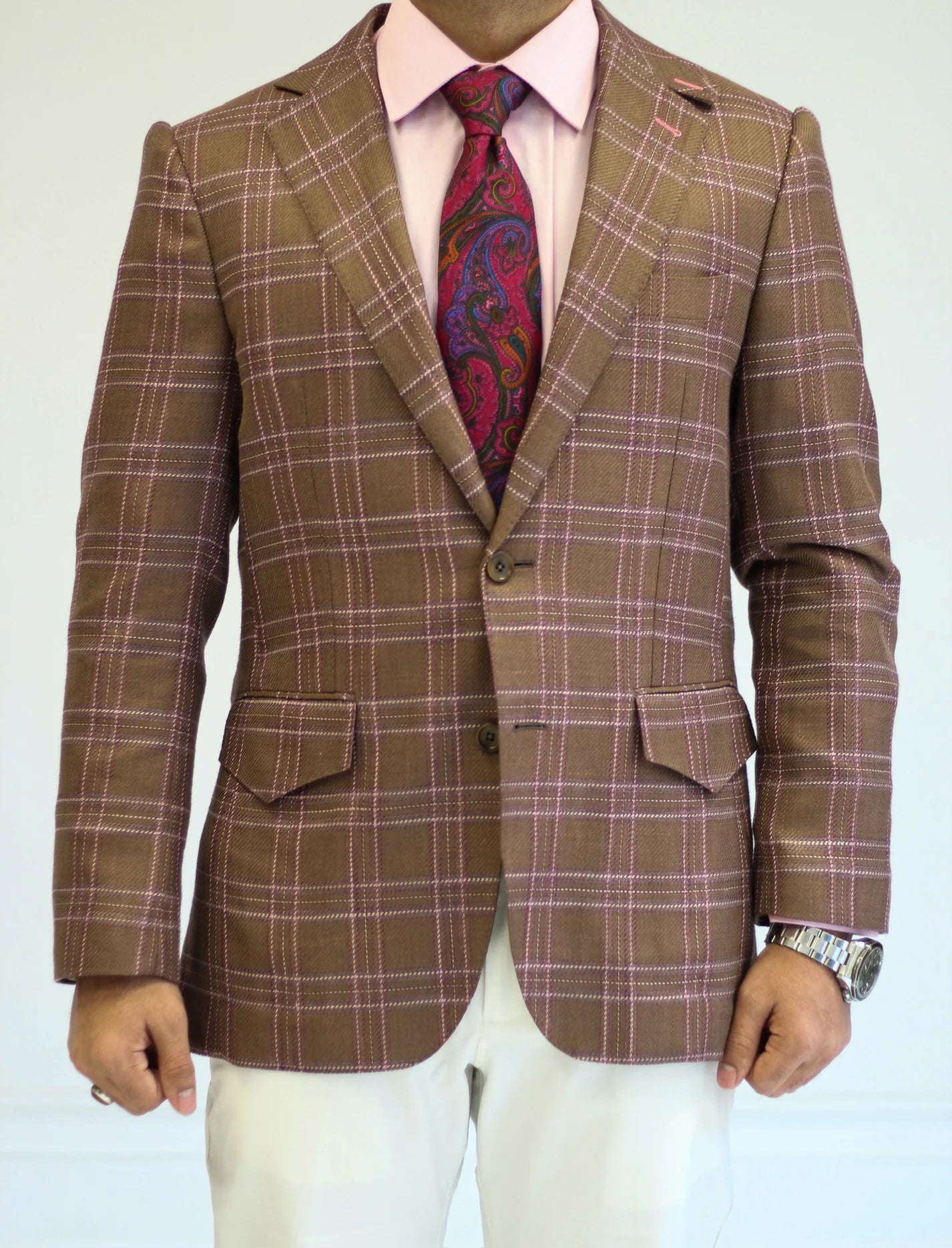 PURE | Cavani Windowpane Suit – Brown / Pink