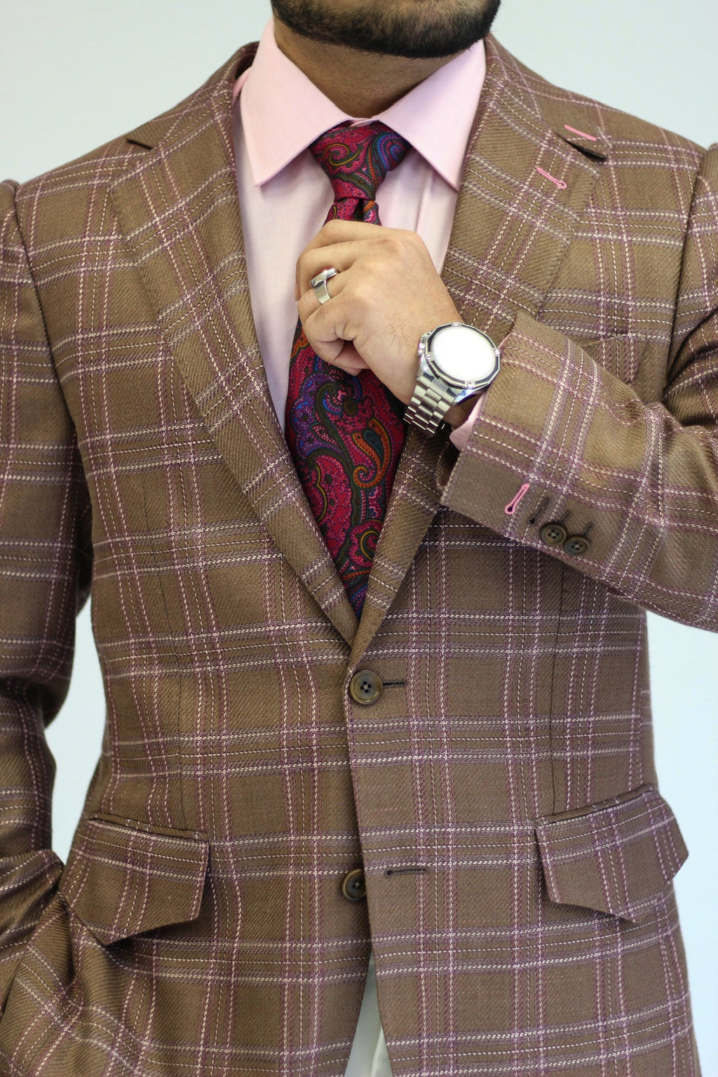 PURE | Cavani Windowpane Suit – Brown / Pink