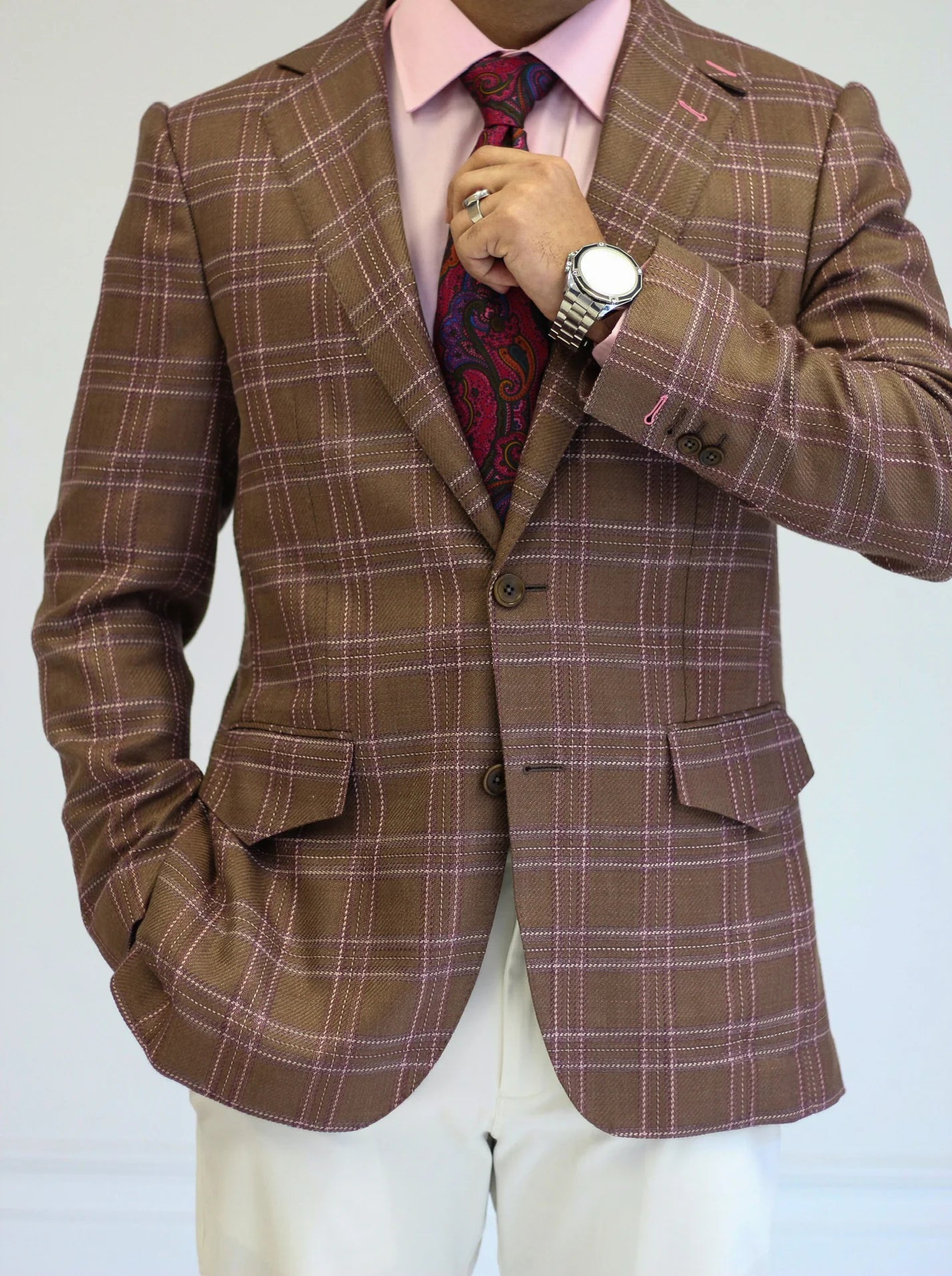 PURE | Cavani Windowpane Suit – Brown / Pink
