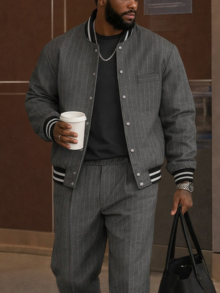Casual Striped Bomber Jacket Pants Set