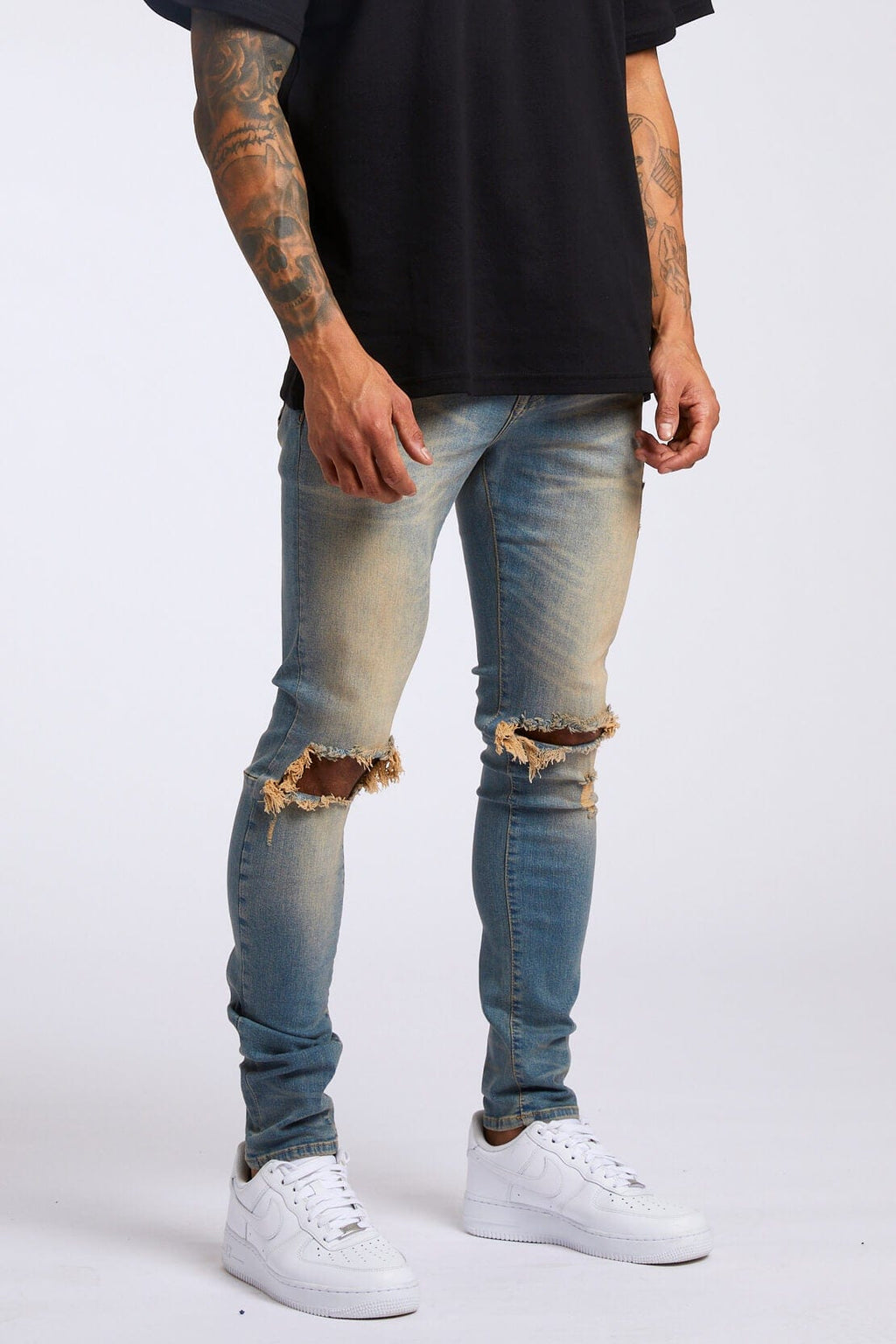 Legend London Jeans PREMIUM SKINNY FIT JEANS - STONE WASH DESTROYED KNEE