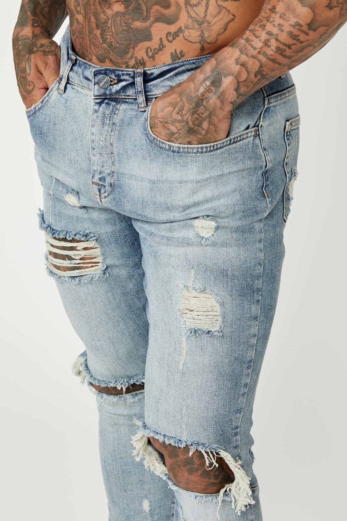 Legend London Jeans SKINNY FIT JEANS - MID BLUE RIPPED & REPAIRED