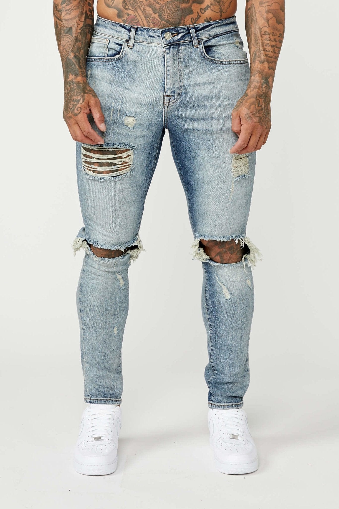 Legend London Jeans SKINNY FIT JEANS - MID BLUE RIPPED & REPAIRED